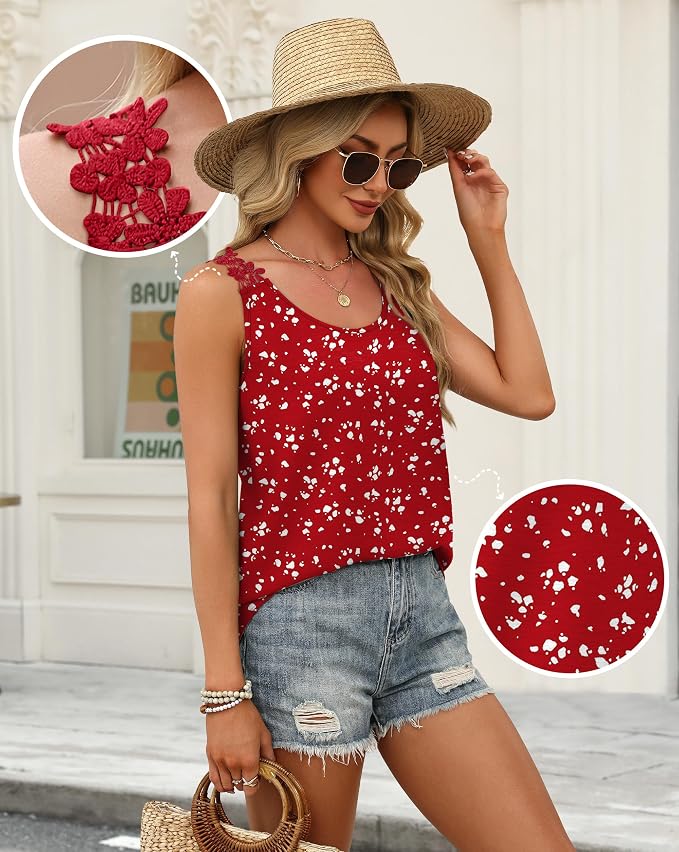 OFEEFAN Tank Top for Women Loose Fit Crew Neck Sleeveless Shirts Strap Lace Camisole Chiffon Summer Tops Curved Hem