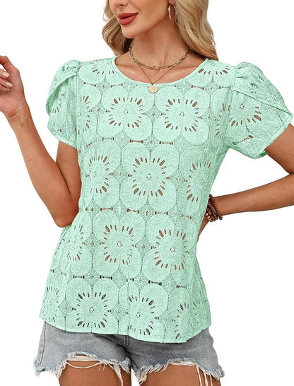 OFEEFAN Blouses for Women Dressy Casual Petal Short Sleeve Shirts Crochet Lace Boho Tops Spring Fashion Summer Outfits