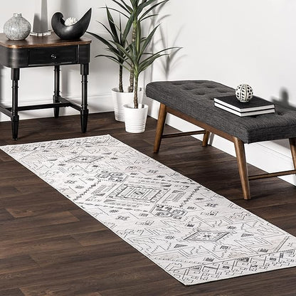 nuLOOM Malena Tribal Bordered Machine Washable Ultra Thin Runner Rug, 2' 6" x 8', Light Grey