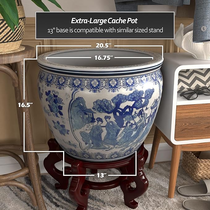 Red Lantern Large 20" Ladies Blue & White Porcelain Fishbowl Planter or Cachepot for Indoor/Outdoor Use in Garden Entryway Living Room Boho Eclectic Modern Contemporary Classic Traditional Style Decor