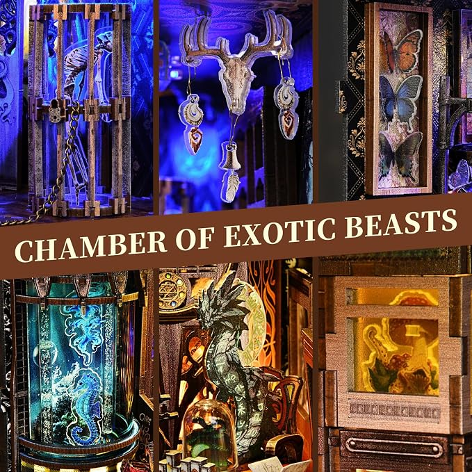 Book Nook DIY Kit,Mysterious Creature Diorama 3D Wooden Puzzle with LED,Bookend Bookshelf Decoration,Miniature Doll House for Home Decor,Chamber of Stranger Beasts