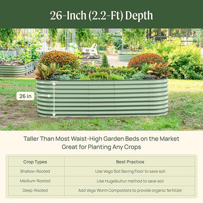 Vego garden 26" Extra Tall Raised Garden Bed Kits, 9 in 1 Modular Raised Planter Box for Vegetables Flowers Fruits Oval Metal Raised Garden-Olive Green