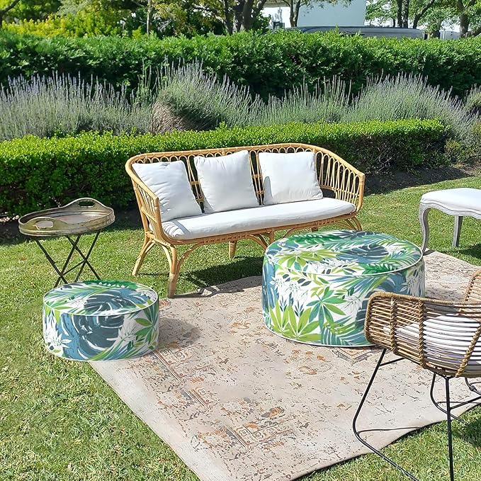 LVTXIII Outdoor/Indoor Round Inflatable Ottoman, All Weather Patio Footstool, Portable Footrest Seat for Patio Garden, Camping or Home, 21"x21"x9", Islamorada Blue Green