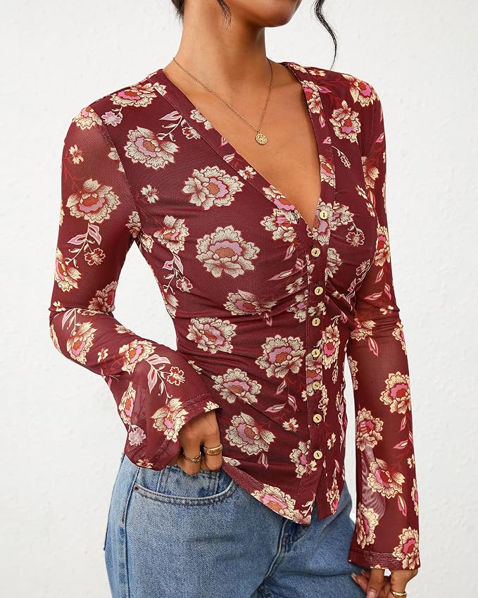 BTFBM Button Down Shirts for Women 2026 Fall Boho Tops V Neck Long Sleeve Blouses Ruched Mesh Fitted Fashion Clothing