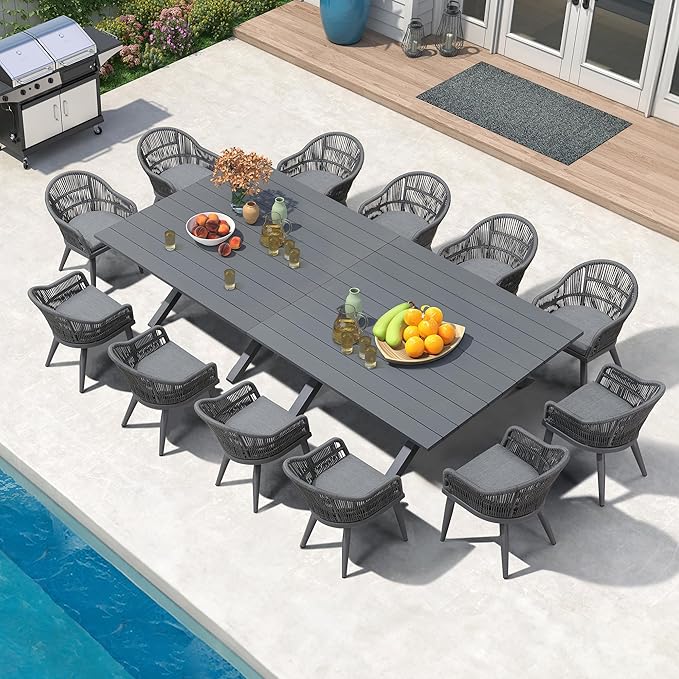 PURPLE LEAF 13 Pieces Oversized Patio Dining Set with Outdoor Aluminium Dining Table and Woven Chairs Modern Metal Furniture Cushions Sets for Garden Yard Indoor Decor Kitchen Gray