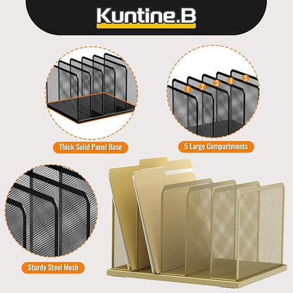 Kuntine.B 5-Section Upright Desk File Organizer Gold 1 Pack | Vertical, Mesh, Metal, Assembly, Stability, Sturdiness, Organization, Standing