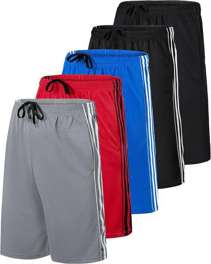 5 Pack Men's Mesh Shorts Athletic Basketball Sports Gym Workout Pockets | Cooling Moisture-Wicking, 9", Long, Quick-Dry, Breathable, Elastic Drawstring Waistband. Running, Exercise, Soccer, Training.