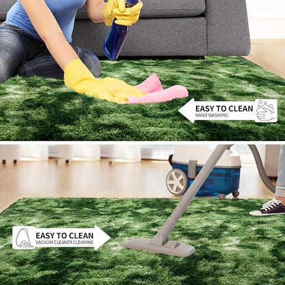 Tepook Fluffy Dark Green Rugs for Living Room Bedroom, 5x8 Soft Area Rug Tie-Dyed Forest Moss Green Kids Girls Boys Rug, Indoor Plush Shaggy Non-Slip Carpet for Nursery Classroom Dorm Home Decor