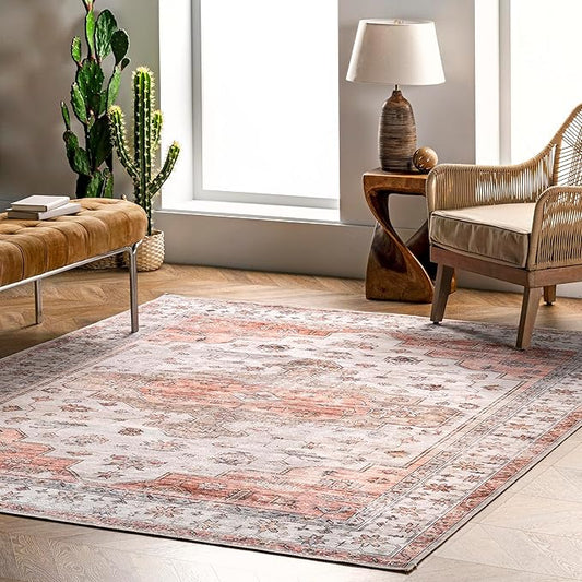 nuLOOM 4x6 Machine Washable Rain Haven Vintage Medallion Area Rug, Beige, Traditional Faded Design, Non-Slip Backing, Stain Resistant, For Bedroom, Dining Room, Living Room, Kitchen