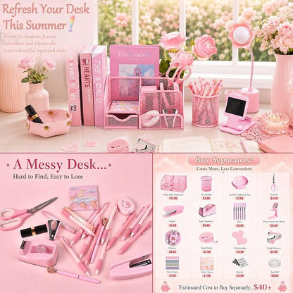 Pink Desk Accessories, 24Pcs Pink Office Supplies and Desk Organizers, with Tape Dispenser, Stapler, Staple Remover, Ect, Gift Box Packaging