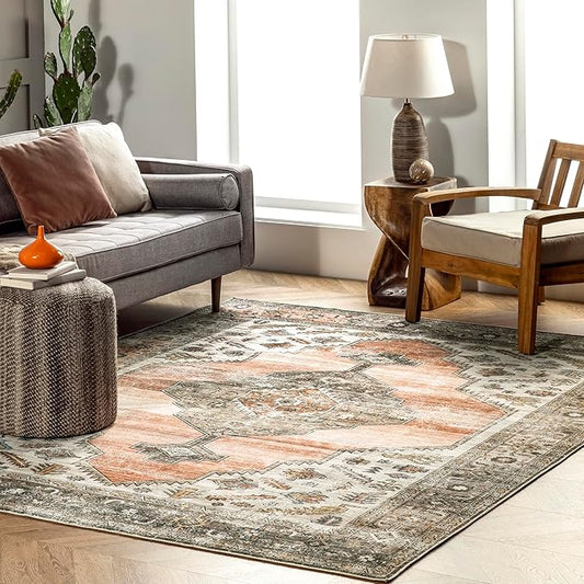 nuLOOM Gracie Distressed Medallion Machine Washable Ultra Thin Accent Rug, 2' x 3', Peach