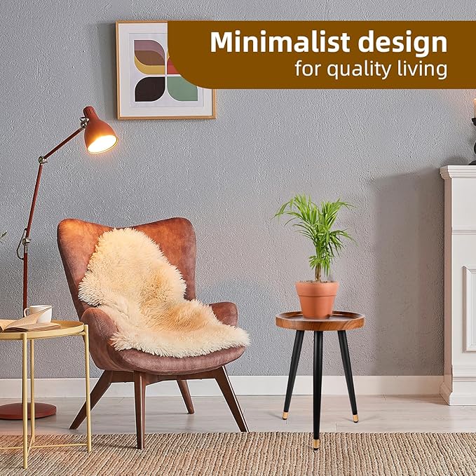 Plant Stand Indoor,Mid Century Walnut Wood Plant Table, Heavy Duty Metal Tall Flower Pot Stand,Modern Round Small Side End Table with Raised Design(12"x17")