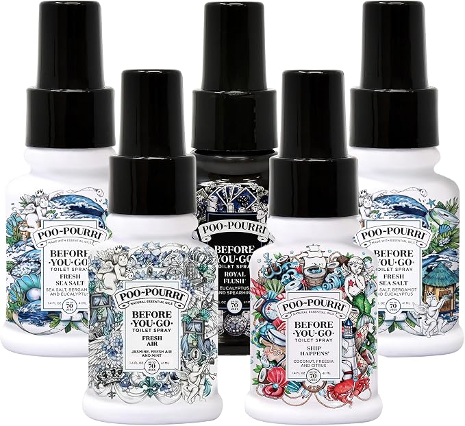 Poo-Pourri Set - Includes Tropical Hibiscus, Lavender, Hollyday Spice and Ship Happens 1.4 Ounce Bottles