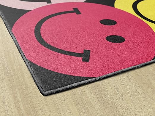 Flagship Carpets Schoolgirl Style Big Rainbow Smiley Faces Educational Area Rug for Kids Room Seating Décor, Children's Classroom, Play Carpet for Teaching and Playroom, 7'6" x 12', Black & Multi