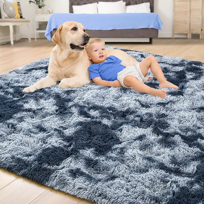 Tepook Soft Fluffy Rugs for Living Room, 5x8 Shaggy Area Rug for Bedroom, Modern Shag Rug Fuzzy Carpets for Kids, Plush Indoor Nursery Home Decor Rug with Non-Slip Bottom, Tie-dye Dark Blue