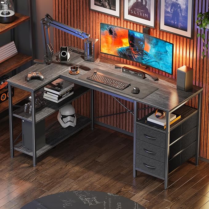 Huuger L Shaped Office Desk with Power Outlets, 47 Inch Computer Desk with 3 Drawers, Shelves, for Gaming, Corner Work, Home Office, Study, Grey