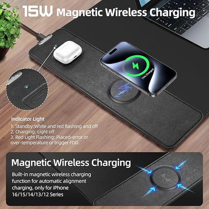 Mouse Pad with Wireless Charging, Gaming Mouse Pad with Ultra-Smooth Surface, Large XXL Desk Mat, Non-Slip Mouse Mat, Waterproof Computer Keyboard Pad for Gaming, Desk, Office, PC, 800x400x4MM, Black