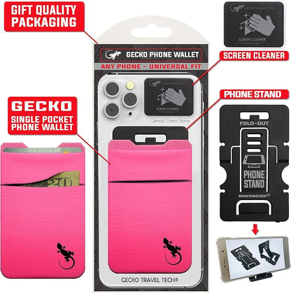 Gecko Travel Tech Double Pocket - Adhesive Card Holder - Cell Phone Pouch - Stick on Spandex Pocket - Carry Credit Cards and Cash (PINK BLACK)