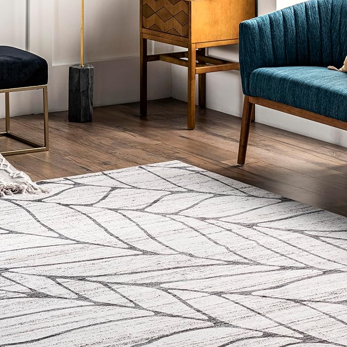 nuLOOM Lanette Abstract Leaves Machine Washable Ultra Thin Runner Rug, 2' 6" x 8', Light Grey