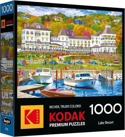 RoseArt - Kodak Premium - 1000 Piece Jigsaw Puzzle for Adults– Lakeside Resort – Peaceful Waterfront Hotel & Boats Scene – Bright, Detailed Artwork – 26.625 x 19.25 Inches