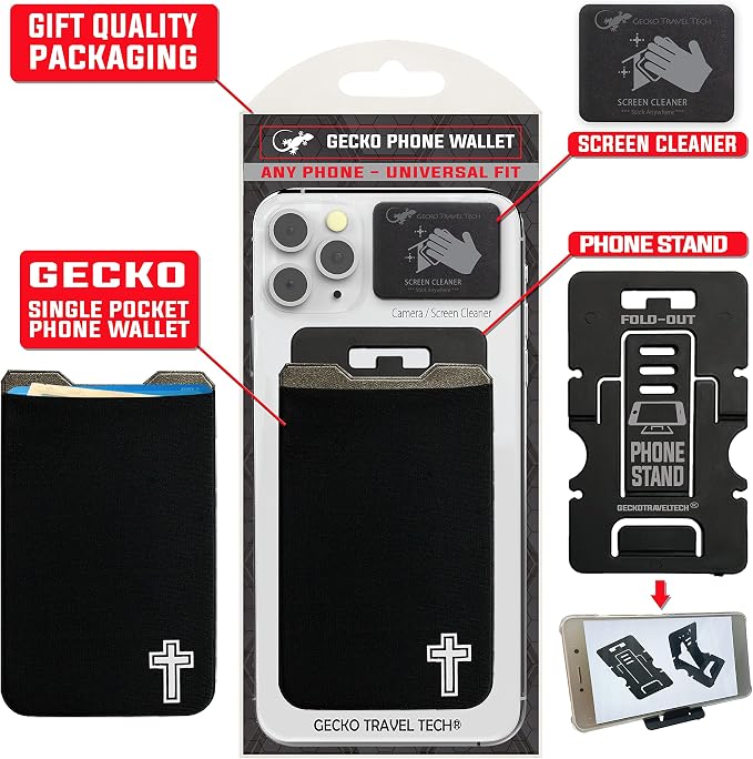 Phone Wallet - Adhesive Card Holder - Cell Phone Pouch - Stick on Lycra Pocket by Gecko - Carry Credit Cards and Cash