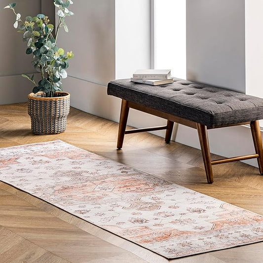nuLOOM 2x8 Machine Washable Rain Haven Vintage Medallion Area Rug, Beige, Traditional Faded Design, Non-Slip Backing, Stain Resistant, For Bedroom, Dining Room, Living Room, Kitchen