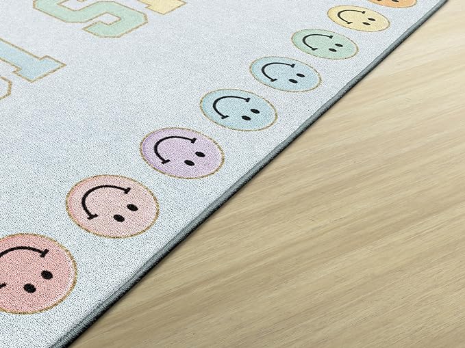 Flagship Carpets Schoolgirl Style This is Our Happy Place on Blue Educational Area Rug for Kids Room Seating Décor, Children's Classroom, Play Carpet for Teaching and Playroom, 5' x 7'6"