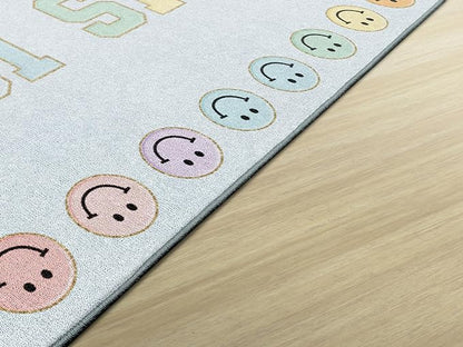 Flagship Carpets Schoolgirl Style This is Our Happy Place on Blue Educational Area Rug for Kids Room Seating Décor, Children's Classroom, Play Carpet for Teaching and Playroom, 5' x 7'6"