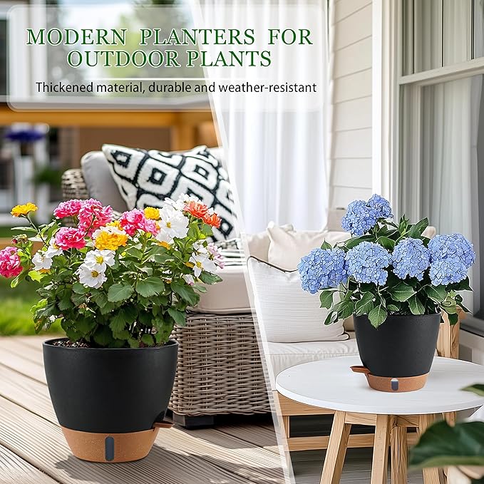 Self Watering Pots for Inoor Ourdoor Plants 10/9/8/7/6.5 Inch Plastic Planters with Drainage Holes & Water Level Indicator, Decorative House Flower Nursery Planting Pots with Saucers (Black)