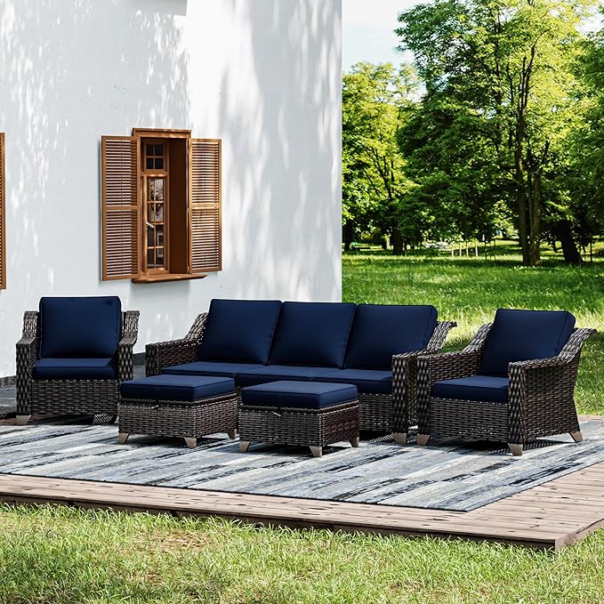 Joyside Wicker Patio Furniture Sets, 5 Pieces Upgraded Large Size Outdoor Furniture with Patio Dining Chairs, 3-Seat Sofa and Outdoor Ottoman, Thick Cushions, Wide Armrest