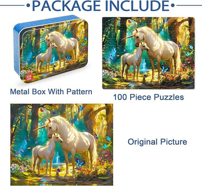 LELEMON Puzzles for Kids Ages 4-6,Unicorn 100 Piece Puzzles for Kids Ages 4-8 in a Metal Box,Educational Jigsaw Puzzles 100 Piece Puzzle Games Puzzle Toys for Girls and Boys