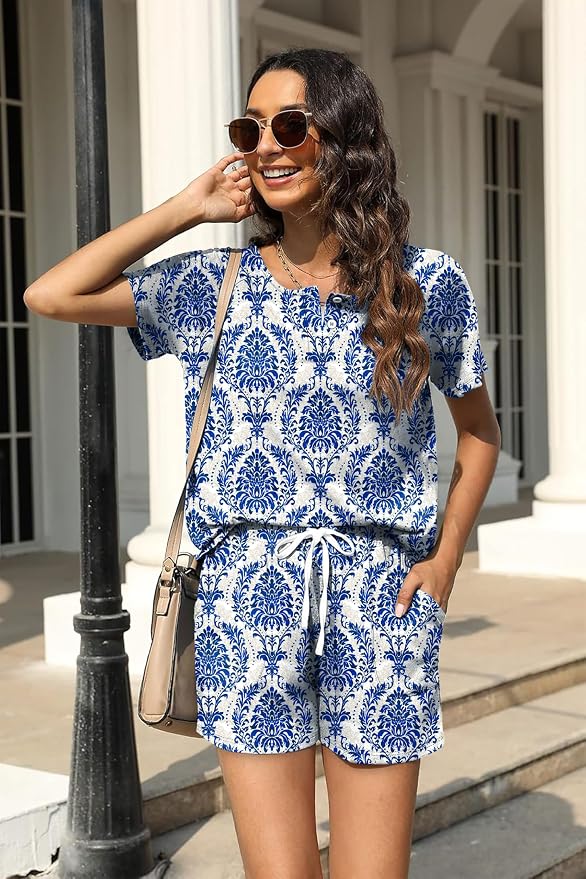 WIHOLL Two Piece Outfits for Women Lounge Sets Button Down Top and Shorts Set Sweatsuits with Pockets