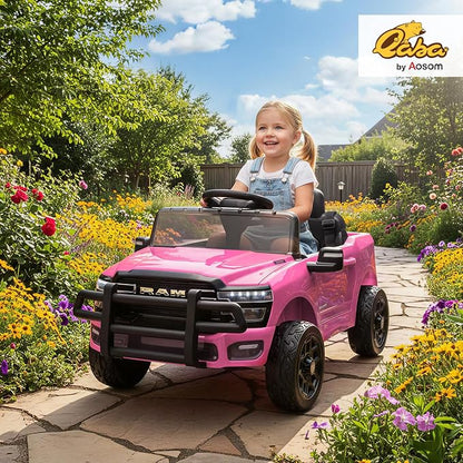 Qaba 12V Kids Ride on Car, Licensed Dodge RAM 3500 Electric Car for Kids with Dual Motors, Parent Remote Control, Rear Suspension, Power Display, Bluetooth Music and LED Lights, Pink