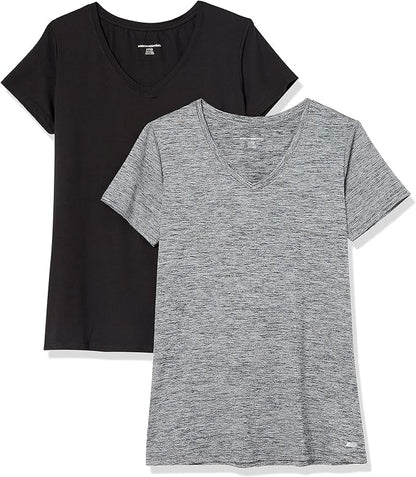 Amazon Essentials Women's Active Quick Dry Tech Stretch Short-Sleeve V-Neck T-Shirt (Available in Plus Size), Pack of 2