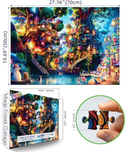 Jigsaw Puzzles 1000 Pieces Magic Forest Cottage, Fantasy Animal Puzzles for Adults with Letters on Back Challenge for Adults, Family, Decoration, Party Game, Finished Size 27.5" x 19.7"