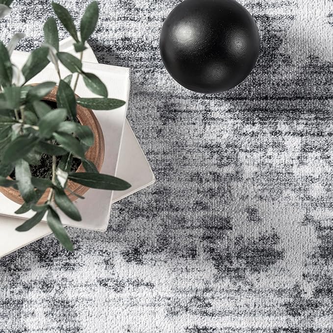 nuLOOM Alva Faded Abstract Machine Washable Ultra Thin Runner Rug, 2' 6" x 8', Light Grey
