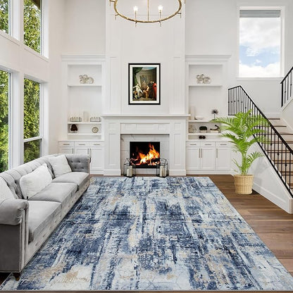 8x10 Area Rugs Washable Rug: Large Modern Abstract Living Room Rug Soft Anti-Skid Thin Carpet Indoor Floor Non-Shedding Carpets for Bedroom Dining Room Farmhouse Nursery Home Office Blue Gold
