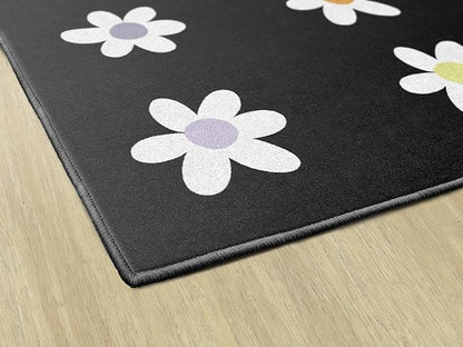 Flagship Carpets Schoolgirl Style Daisies on Black Criss-Cross Applesauce Educational Area Rug for Kids Room, Children's Classroom, Play Carpet for Teaching and Playroom, 7'6" x 12', Seats 32