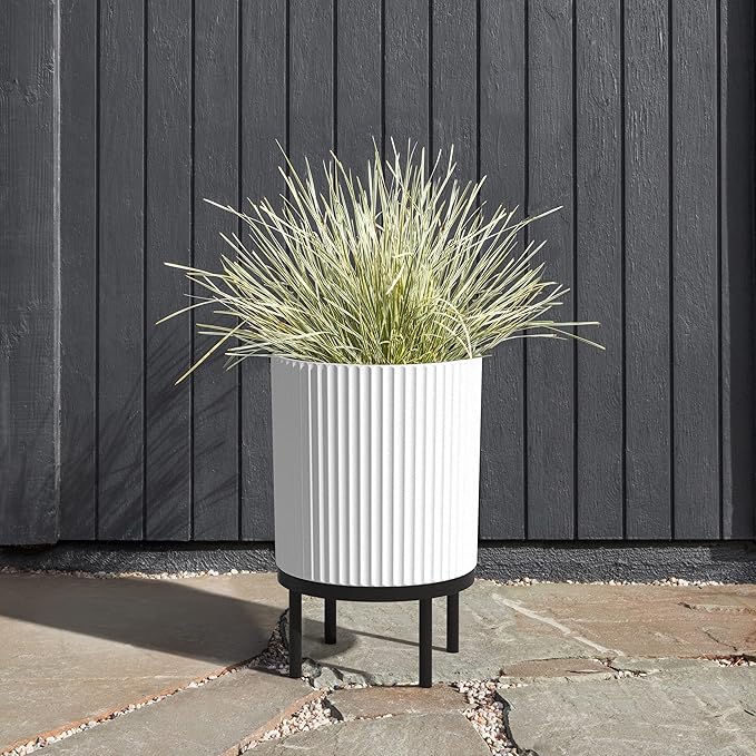 Veradek Demi Series Round Planter w/Stand for Porch/Patio | Durable Plastic-Stone Composite & Wooden Stand | Modern Décor for Tall Plants, Flowers