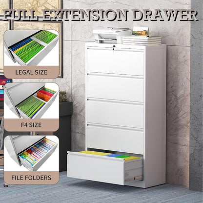 5 Drawer Lateral File Cabinet with Lock, Metal File Cabinet, Lateral File Cabinets for Home Office, Heavy Duty File Storage Cabinet for Legal/Letter/A4 Document, Assembly Required, White