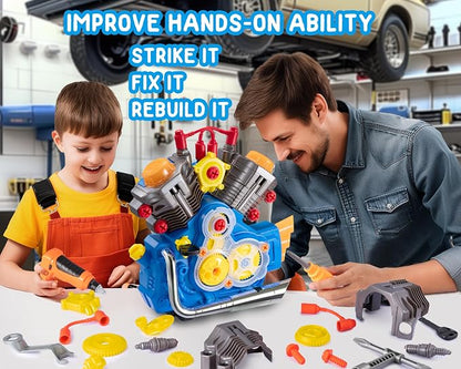 POFJOEQ Engine Building Kit, Kids Mechanic Repair Set for Kids Motorcycle Engine，Take Apart Toys-42pc Playset，STEM Engine Model Kit Toy with Cool Lights&Sounds，Educational Toys for 3+ Year Old (Blue)