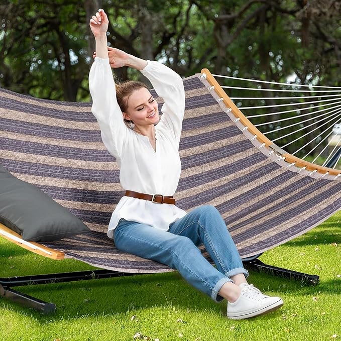 SUNCREAT Hammocks for Outside with Stand Included, Double Hammock with Curved Spreader Bar, Carrying Bag, Gray Stripes