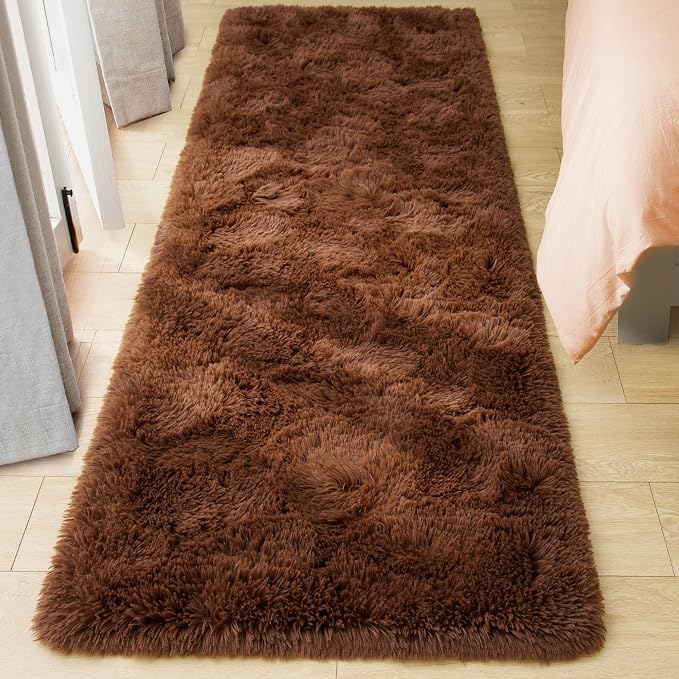 Tepook Soft Runner Rugs for Bedroom 2x6 ft with Rubber Backing, Brown Fluffy Rugs for Living Room, Shag Bedside Rug Fuzzy Plush Carpet for Room, Area Rug for Dorm Nursery Hallway Indoor Home Decor