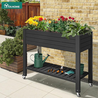 YITAHOME 43.3x17.7x34 in Elevated Garden Bed, Outdoor Plastic Planter Box with Wheels, Legs, Drain Plug, and Storage Shelf for Plants, Vegetables, Flowers, Herbs, Black