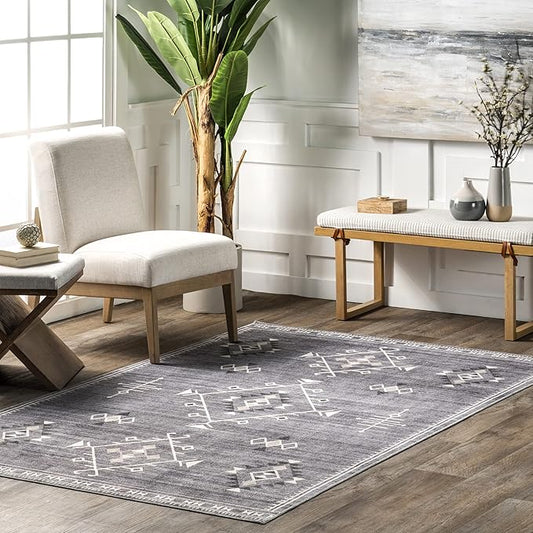 nuLOOM Evalyn Southwestern Machine Washable Ultra Thin Area Rug, 4' x 6', Grey