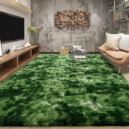 Tepook Fluffy Dark Green Rugs for Living Room Bedroom, 5x8 Soft Area Rug Tie-Dyed Forest Moss Green Kids Girls Boys Rug, Indoor Plush Shaggy Non-Slip Carpet for Nursery Classroom Dorm Home Decor