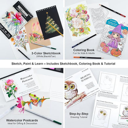 KALOUR 206 Drawing Set Sketching Kit,Art Supplies with 3-color Sketchbook & Coloring Paper,Include Tutorial, Colored, Graphite, Charcoal, Watercolor & Metallic Pencil,for Artists Adults Teens Beginner