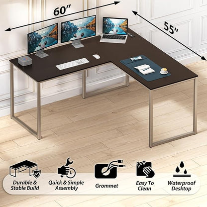 SHW Mission 55 x 60 L-Shape Home Office Computer Desk, Espresso | Reversible Desktop Design