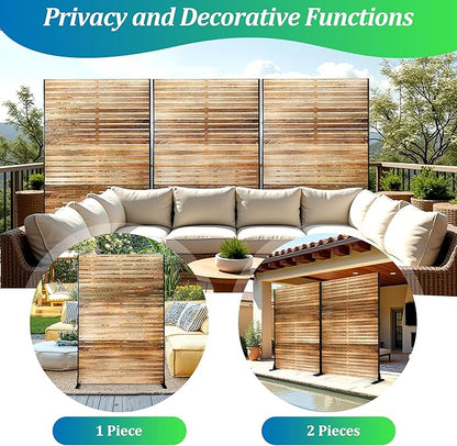 FENCY Outdoor Privacy Screen, 72" H×47" W Metal Patio Privacy Screen, Freestanding Decorative for Deck Balcony Patio Natural Wood Color