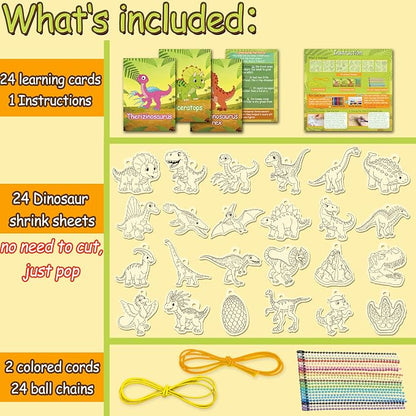 Vicentorra Dinosaur Shrinky Dink Kit for Kids Age 4-8 6-8 - 24 Precut Shrink Sheets + 24 Dino Learning Cards - Arts and Crafts for Boys Girls - Birthday Gift for 5 6 7 8 Year Old - STEM Toys